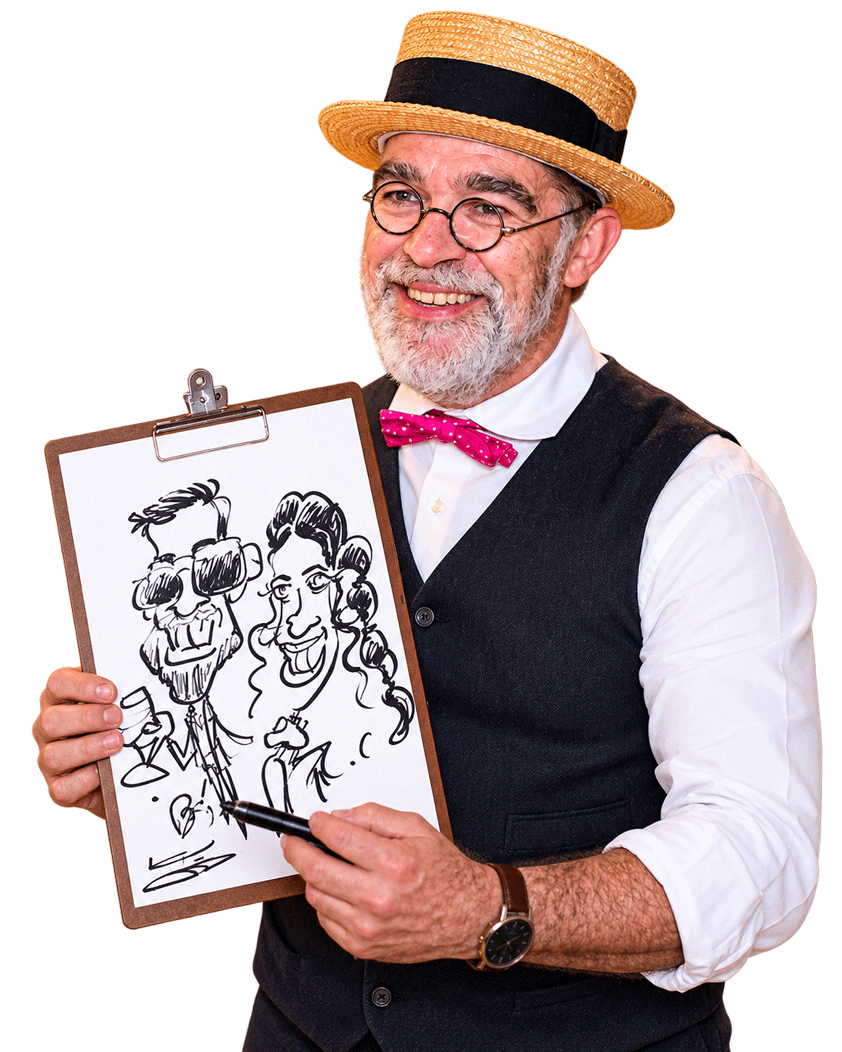 Caricaturista en Barcelona mostrando una caricatura realizada en directo