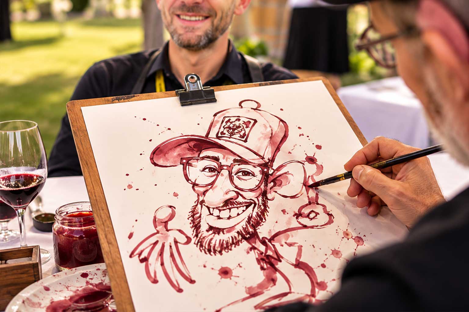 Caricaturas con vino para fiestas y eventos en Barcelona realizadas en directo